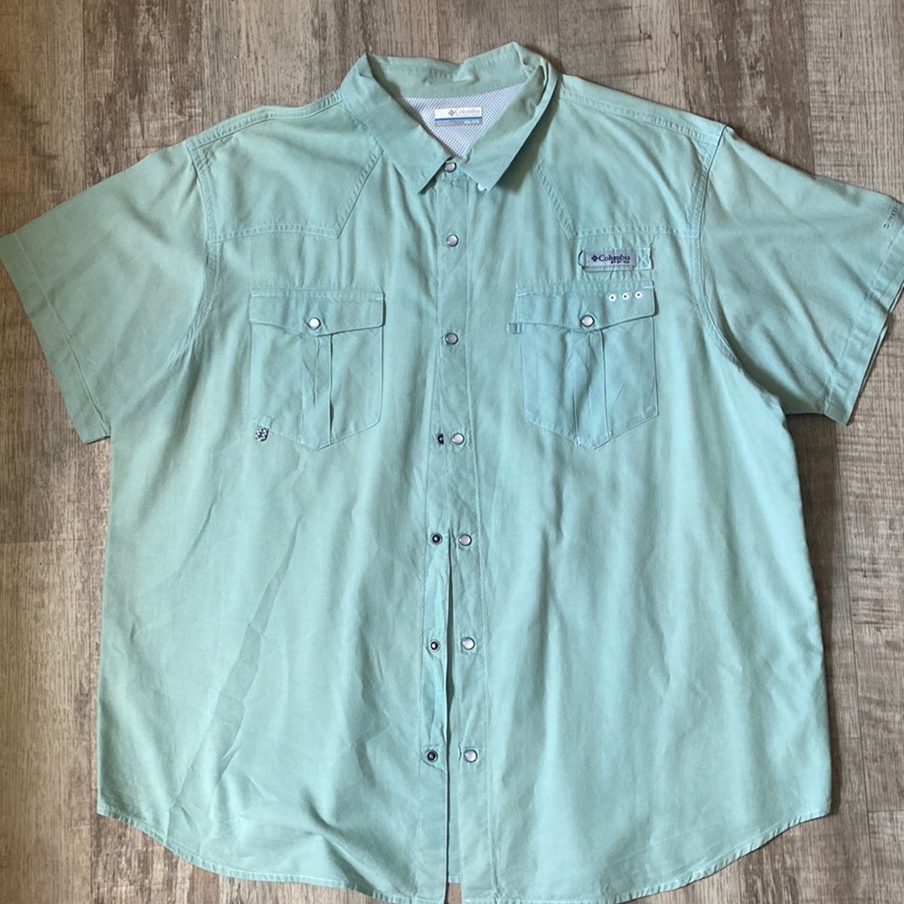 Columbia PFG Omni shade Green Short Sleeve Button Up Pearl Snap Shirt Mens 2XL